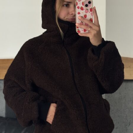 -30% OUTLET | Damska kurtka Teddy z kapturem ciemny brąz